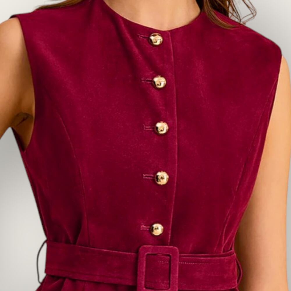 Commense Red Suede Belted Vest Gold Button Tailored Top NWT - S Parisian Chic - Picture 3 of 7